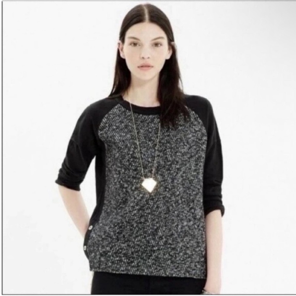 Madewell sweater gray black tweed front side buttons